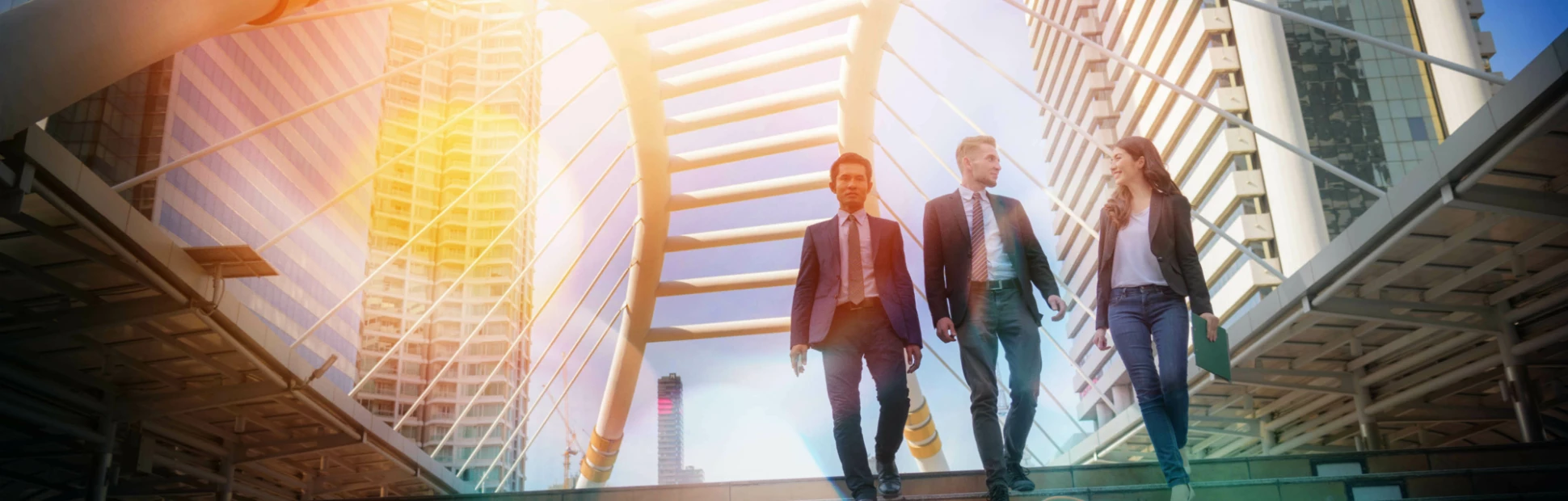 Portrait of business team climbing stairs go to a city.