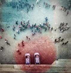 Florence tourists and police cars from Giotto's bell tower seen from above
