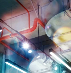 Industrial utilities under the ceiling. Ventilation, air conditioning, lighting and fire fighting