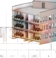 A building in 3D on a construction drawing.