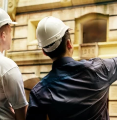Two engineers in white hard hats pointing at a building