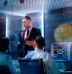 Supervisor Holds Briefing for His Employees in System Control Center Full of Monitors and Servers.