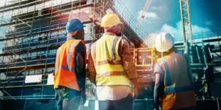 Three construction workers looking at the progress of their construction project