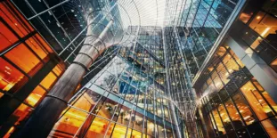 Illuminated office buildings at Canary Wharf, London