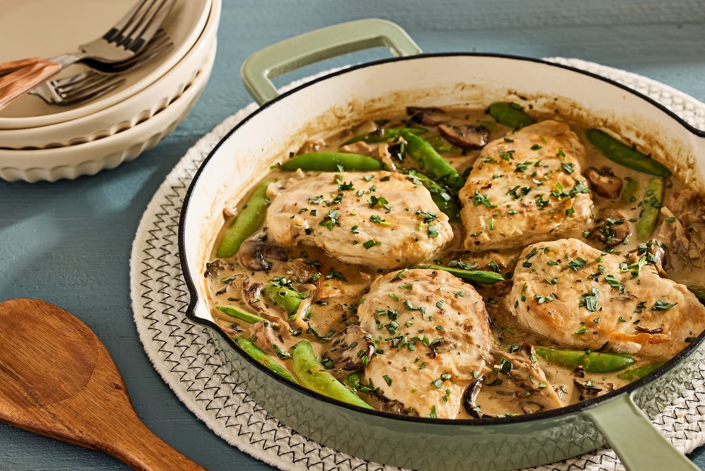 A creamy skillet chicken bridges the gap between winter and spring