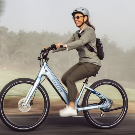 Helmeted rider on a blue step-through electric bicycle for Tour de Park at State Park Marina.