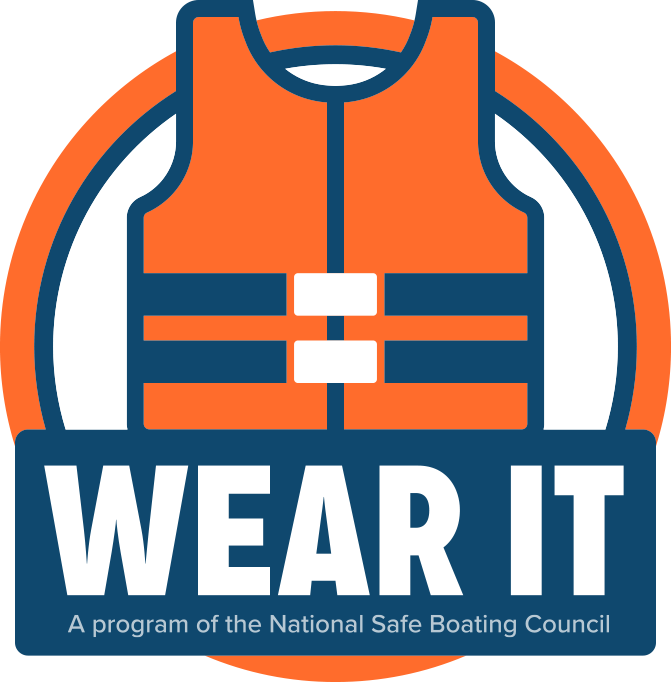 Orange life jacket above the words Wear It in the National Safe Boating Council safety logo displayed by State Park Marina.