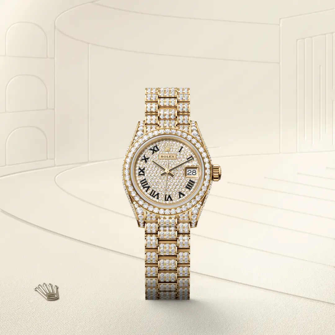 Rolex Lady-Datejust in 18 ct yellow gold with case sides and lugs set with diamonds, M279458RBR-0001 - Benari Jewelers