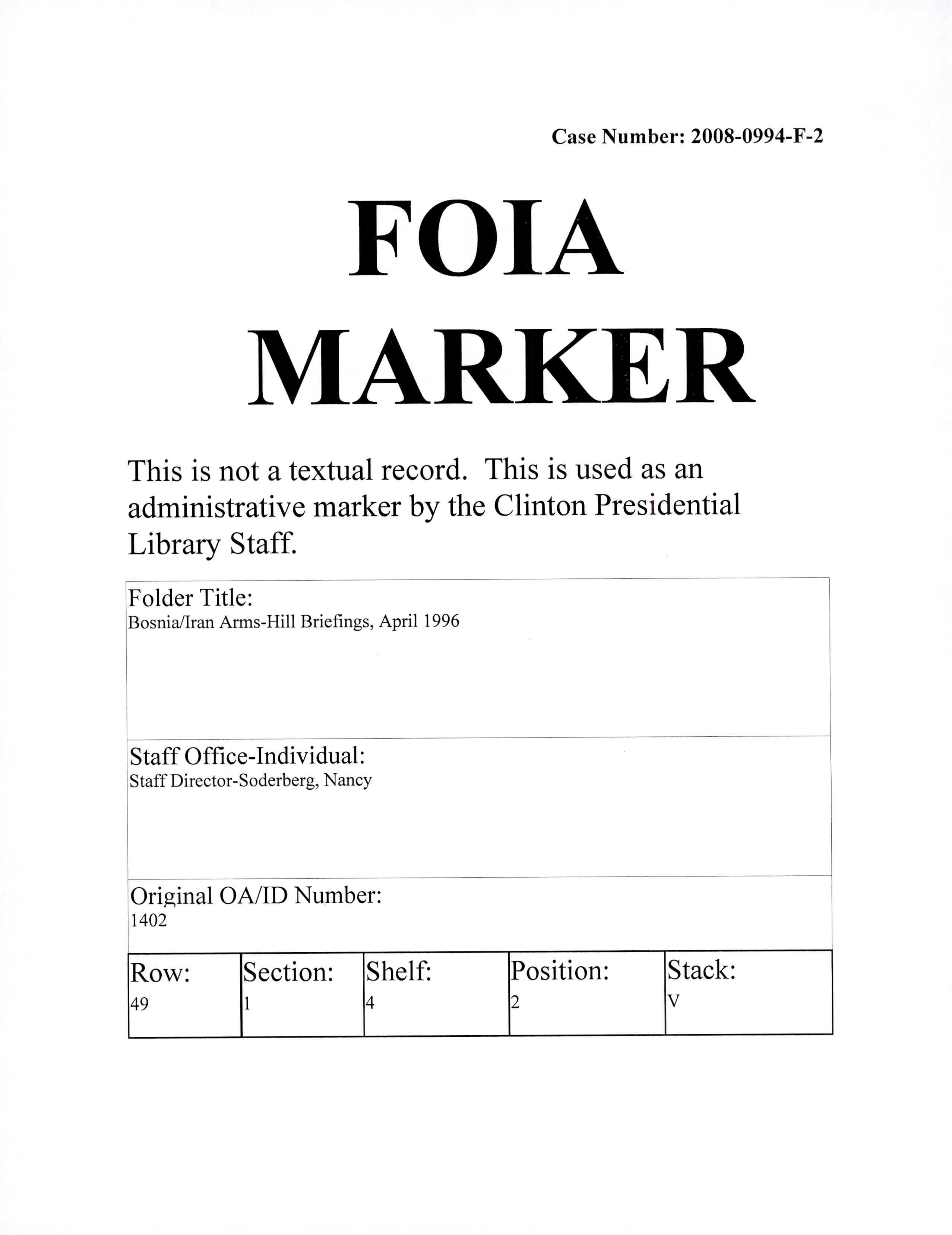 Bosnia/Iran Arms - Hill Briefings, April 1996 - 486207306
