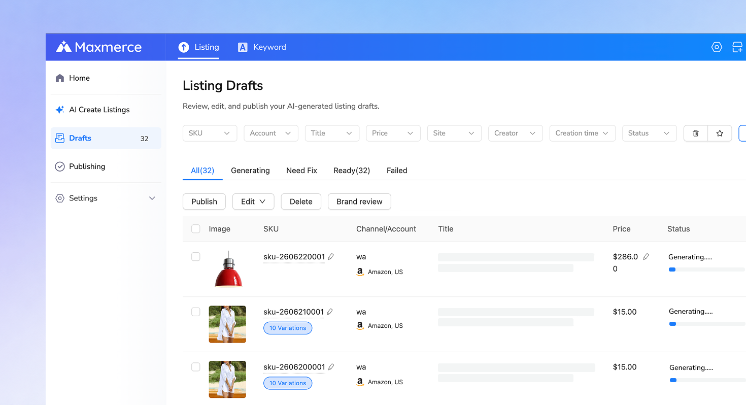Maxmerce listing content generation screen