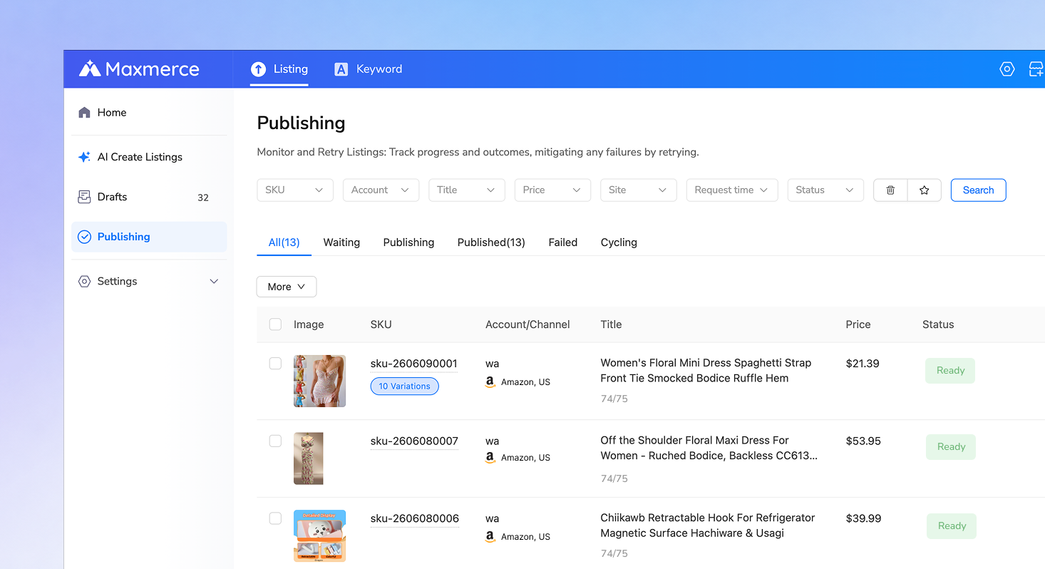 Maxmerce listing review and publishing screen