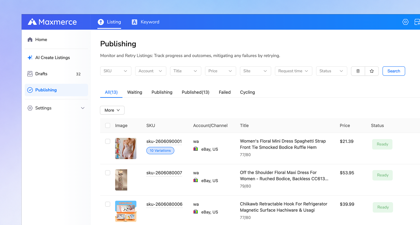 Maxmerce publishing workspace for reviewing eBay listings and their status