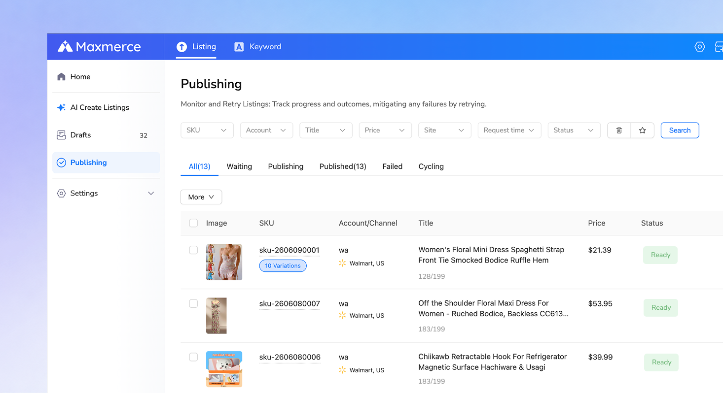 Maxmerce listing review and publishing screen