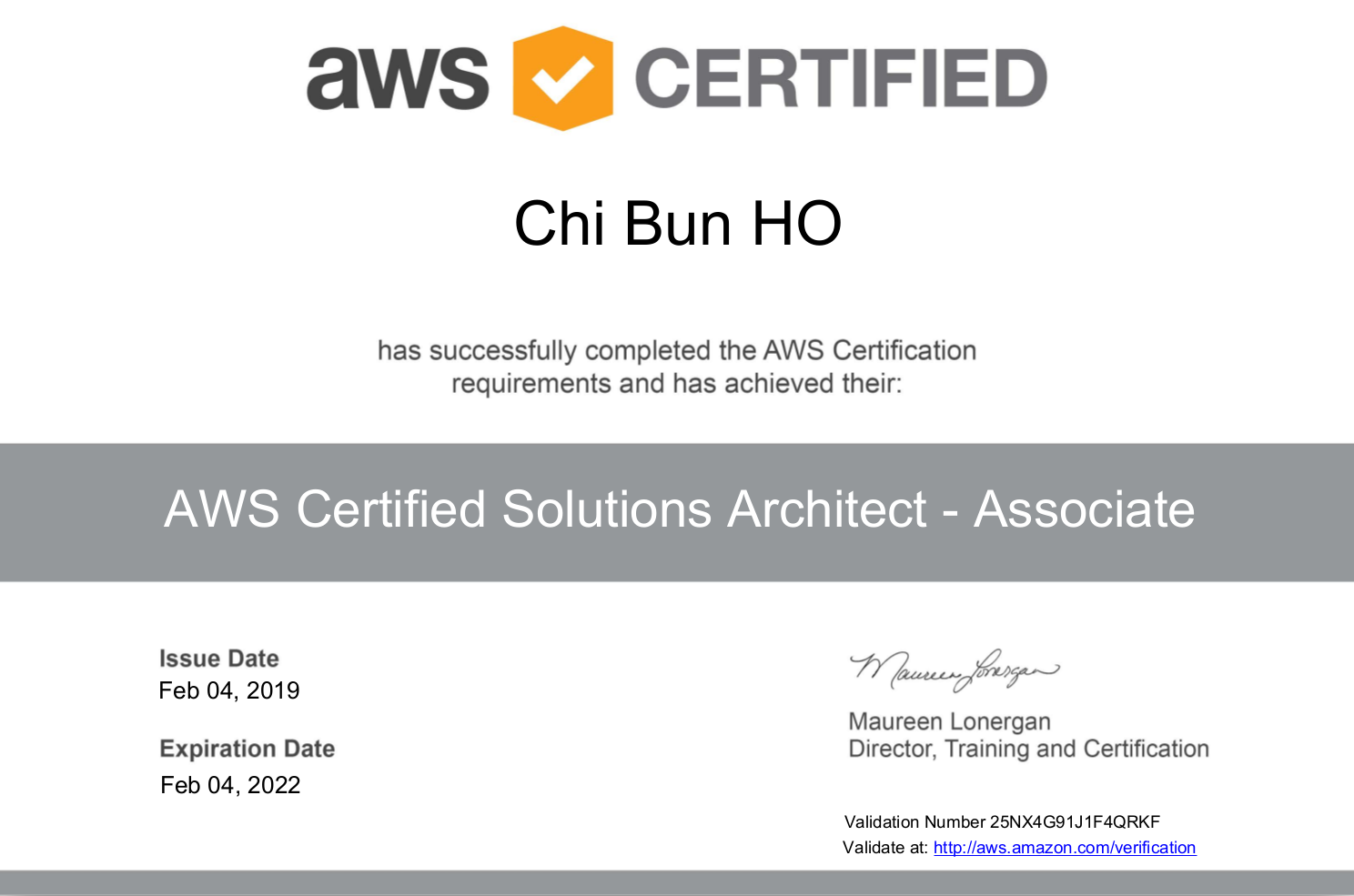 Uploaded image for credential AWS certified Solutions Architect - Associate issued to Chi Bun Ho on February 4, 2019