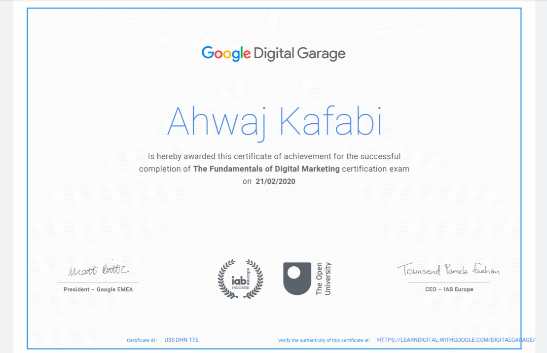Uploaded image for credential Google Digital Garage issued to Ahwaj Kafabi on February 21, 2020