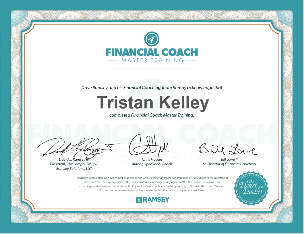 Uploaded image for credential Master Financial Coach issued to Tristan Kelley on March 6, 2020