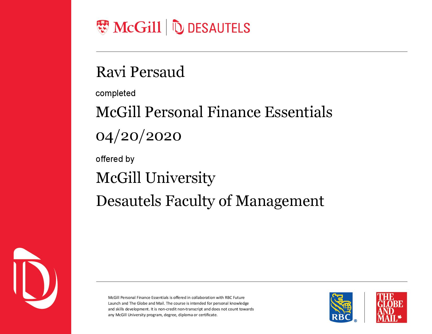 Uploaded image for credential McGill Personal Finance Essentials issued to Ravi Persaud on April 20, 2020