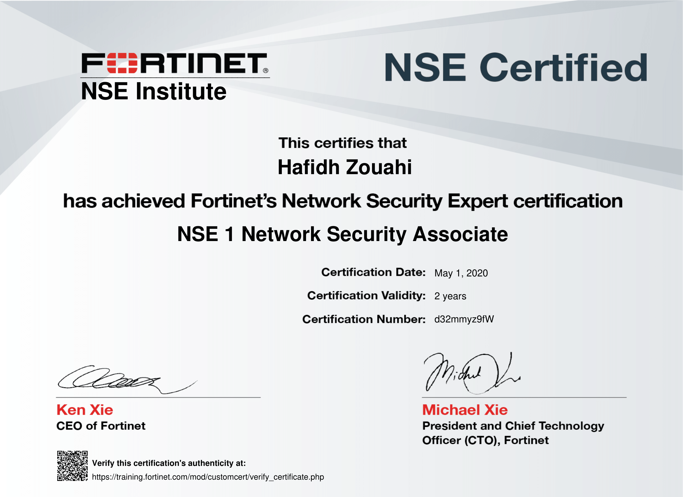 Uploaded image for credential NSE 1 | Network Security Associate issued to Hafidh Zouahi on May 1, 2020