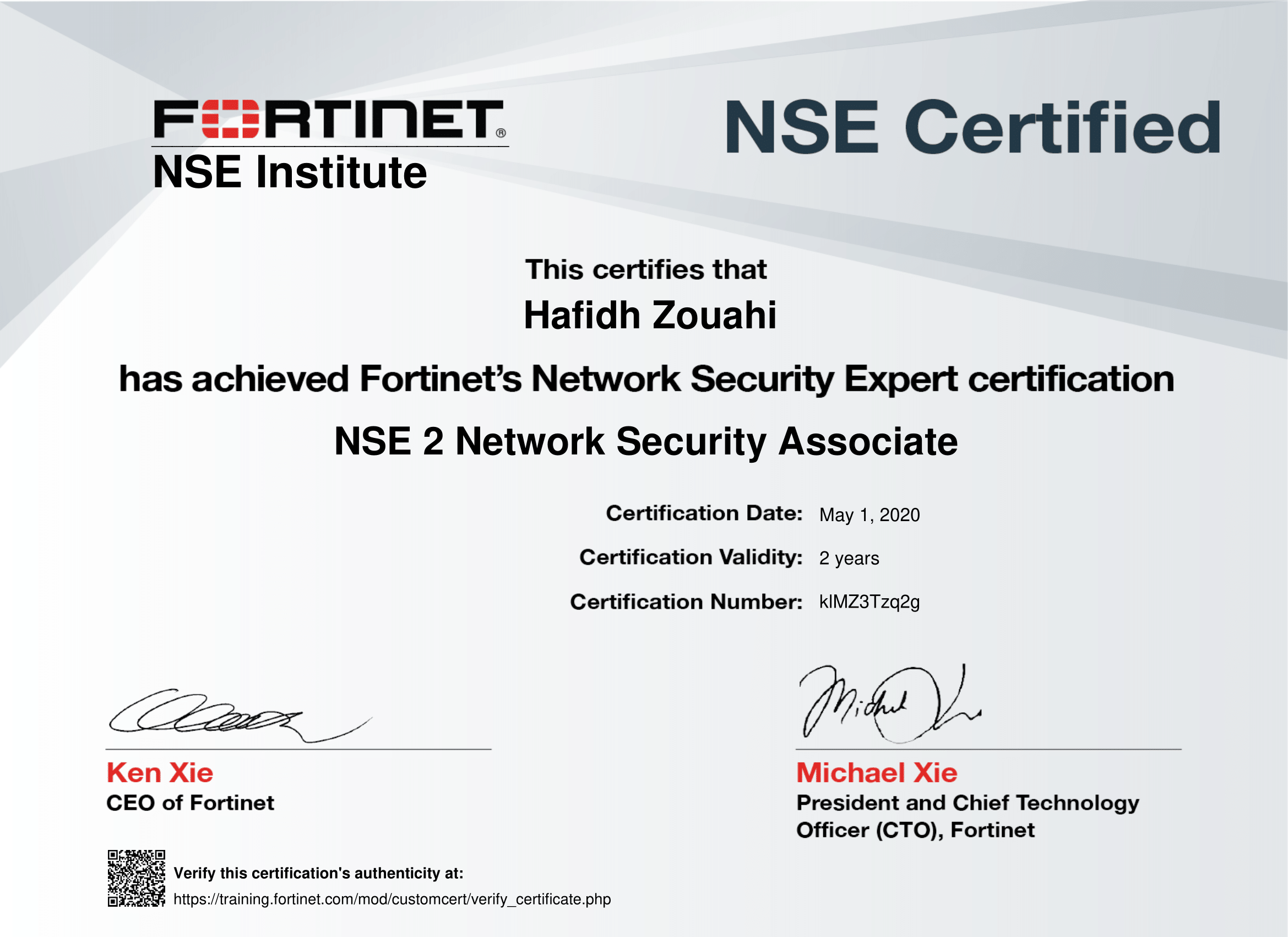 Uploaded image for credential NSE 2 | Network Security Associate issued to Hafidh Zouahi on May 1, 2020