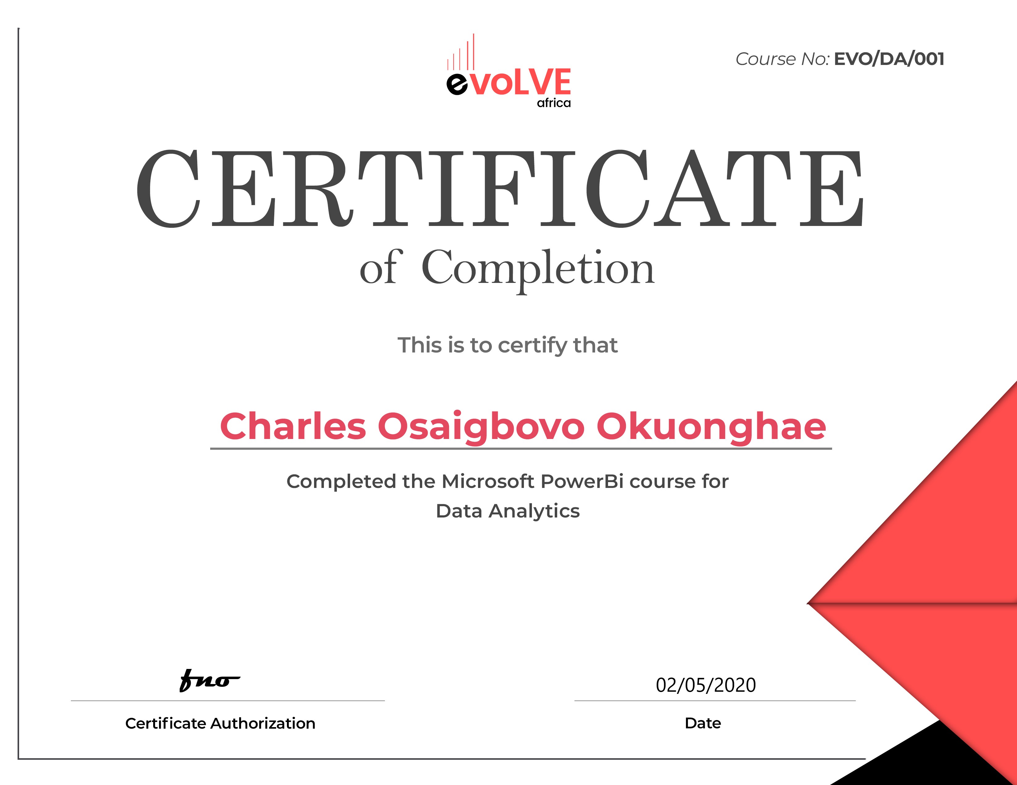 Uploaded image for credential Microsoft PowerBi Course for Data Analytics issued to Charles Osaigbovo Okuonghae on May 2, 2020