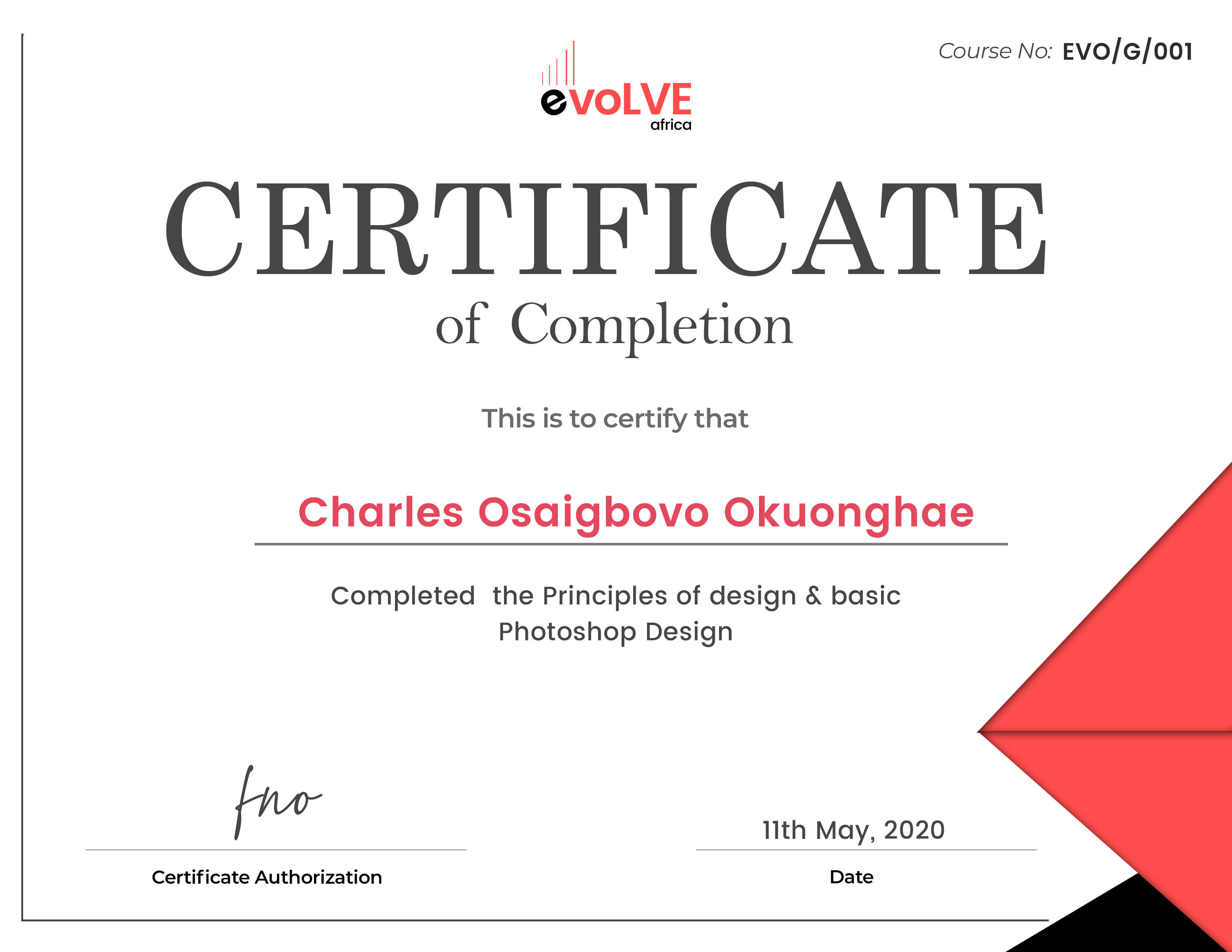 Uploaded image for credential Principles of design & basic Photoshop Design issued to Charles Osaigbovo Okuonghae on May 11, 2020