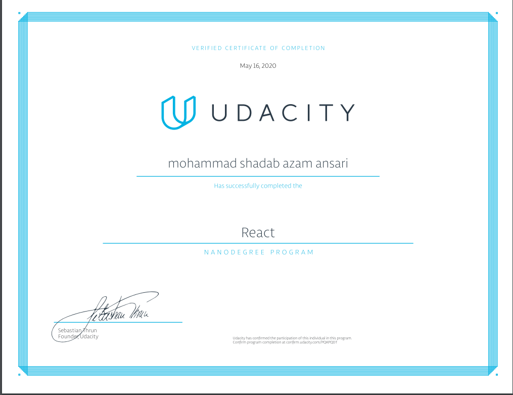 React Nanodegree Program Mohammad Shadab Azam Ansari Udacity