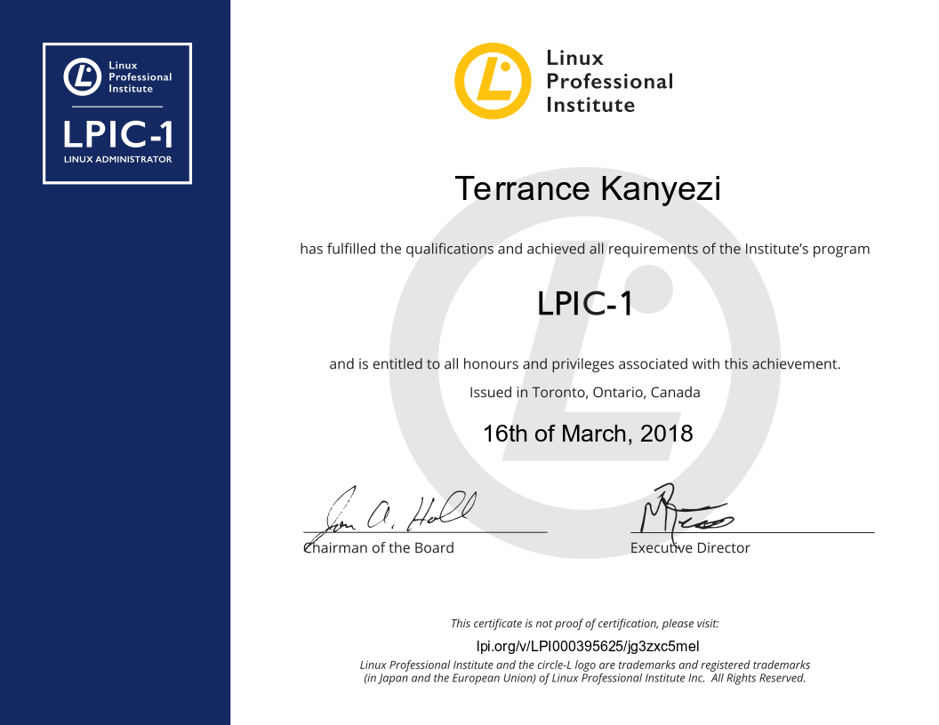 Uploaded image for credential LPIC-1 issued to Terrance Kanyezi on March 16, 2018
