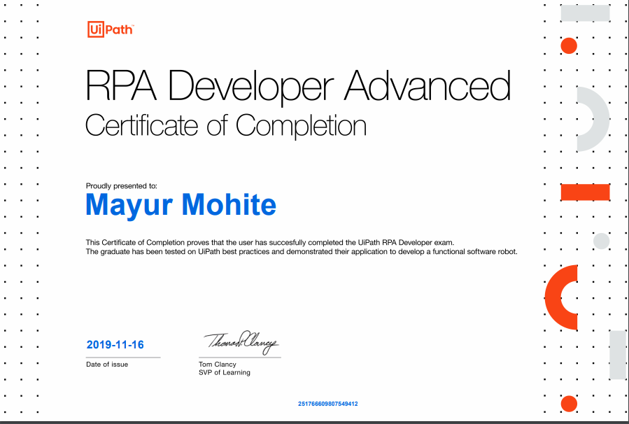 Uploaded image for credential RPA Developer Advanced Certificate of Completion issued to Mayur Mohite on November 16, 2019