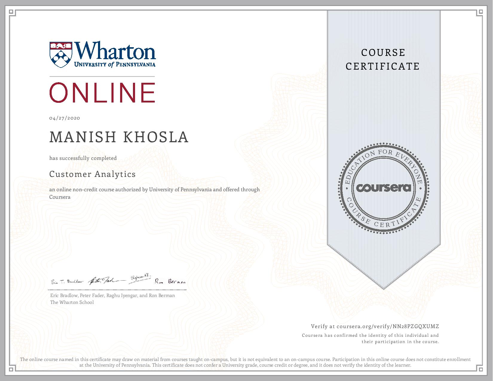 Uploaded image for credential Customer Analytics issued to MANISH KHOSLA on April 27, 2020