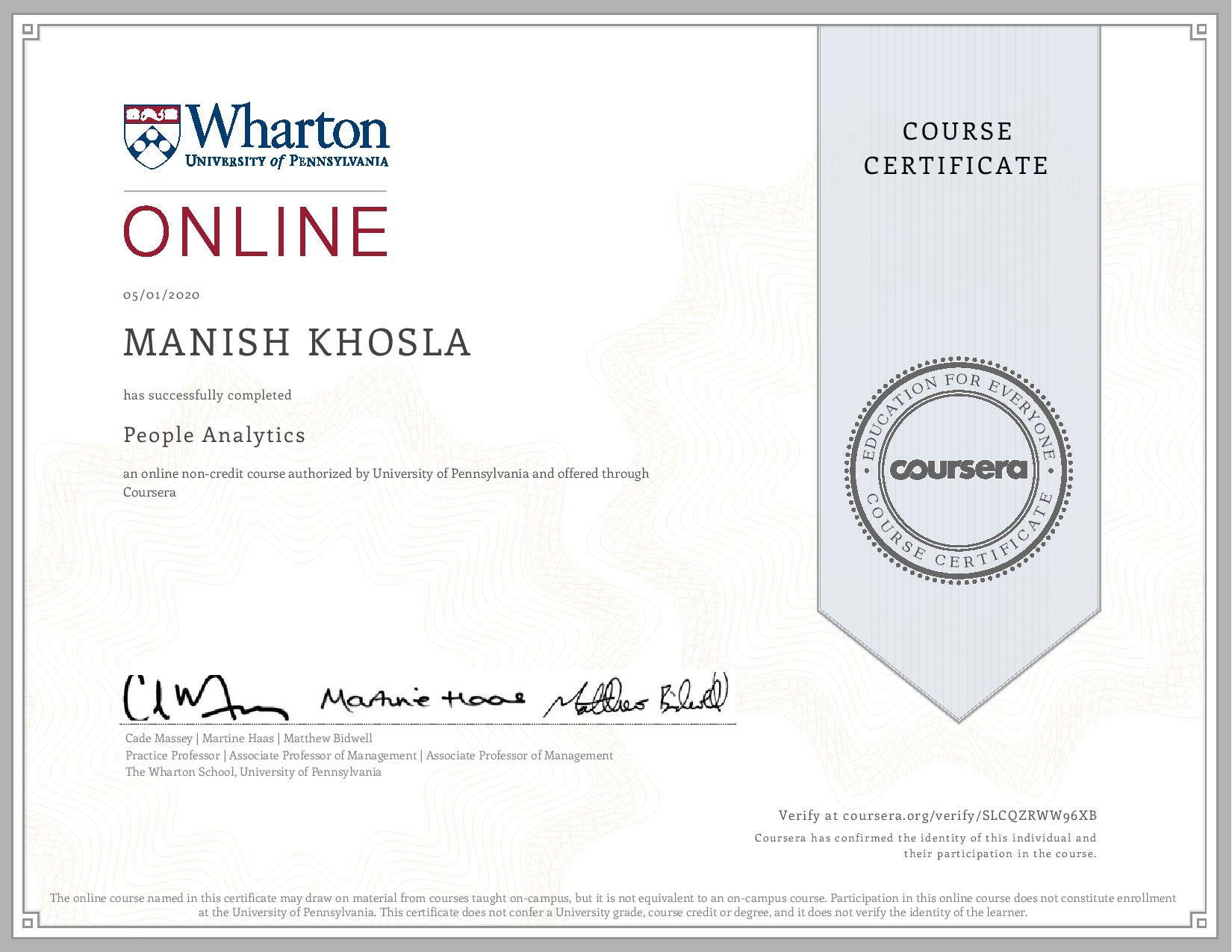 Uploaded image for credential People Analytics issued to MANISH KHOSLA on May 1, 2020
