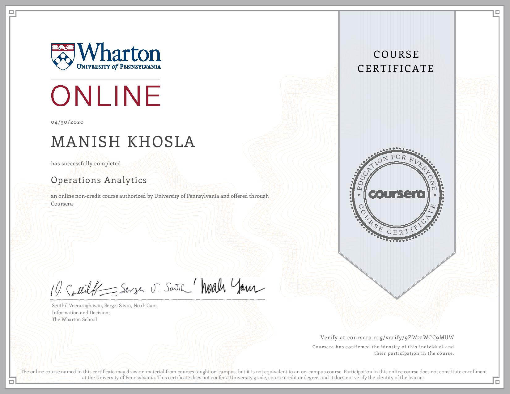 Uploaded image for credential Operations Analytics issued to MANISH KHOSLA on April 30, 2020