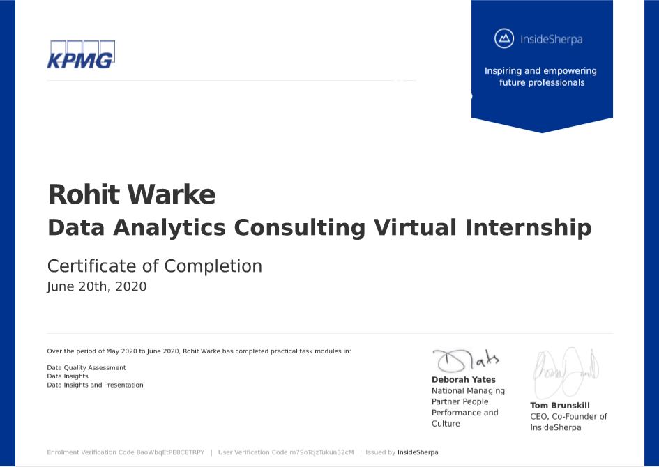 Uploaded image for credential Data	Analytics	Consulting	Virtual	Internship issued to Rohit Sanjay Warke on June 20, 2020