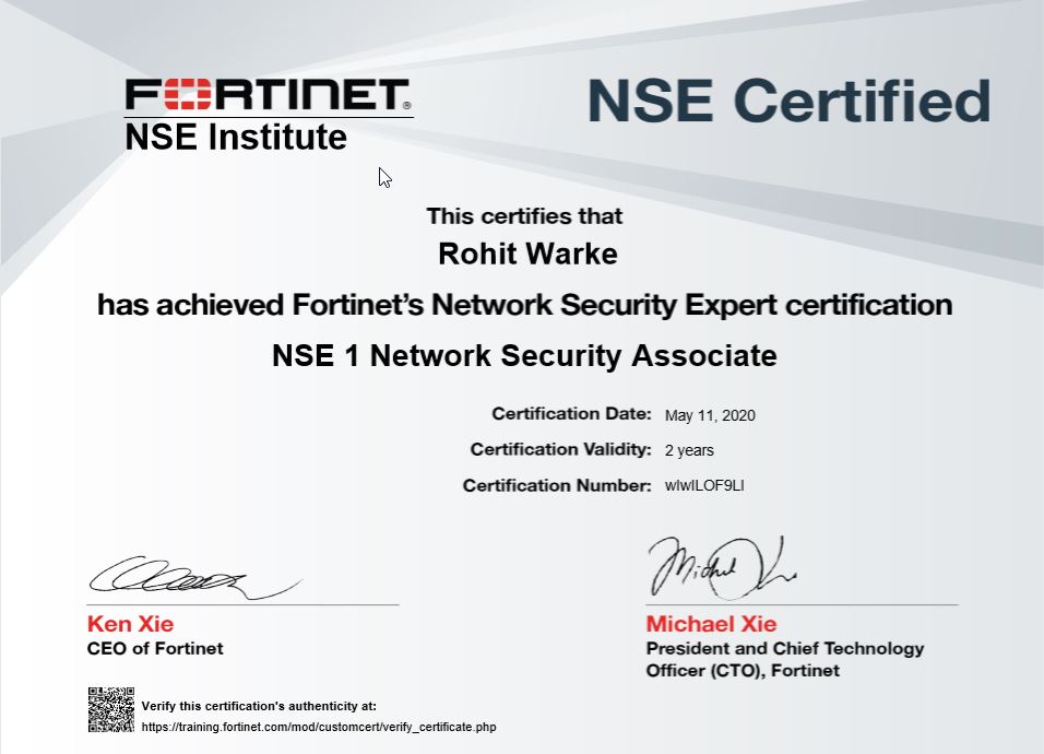 Uploaded image for credential Fortinet's Network Security Expert Certification issued to Rohit Warke on May 11, 2020