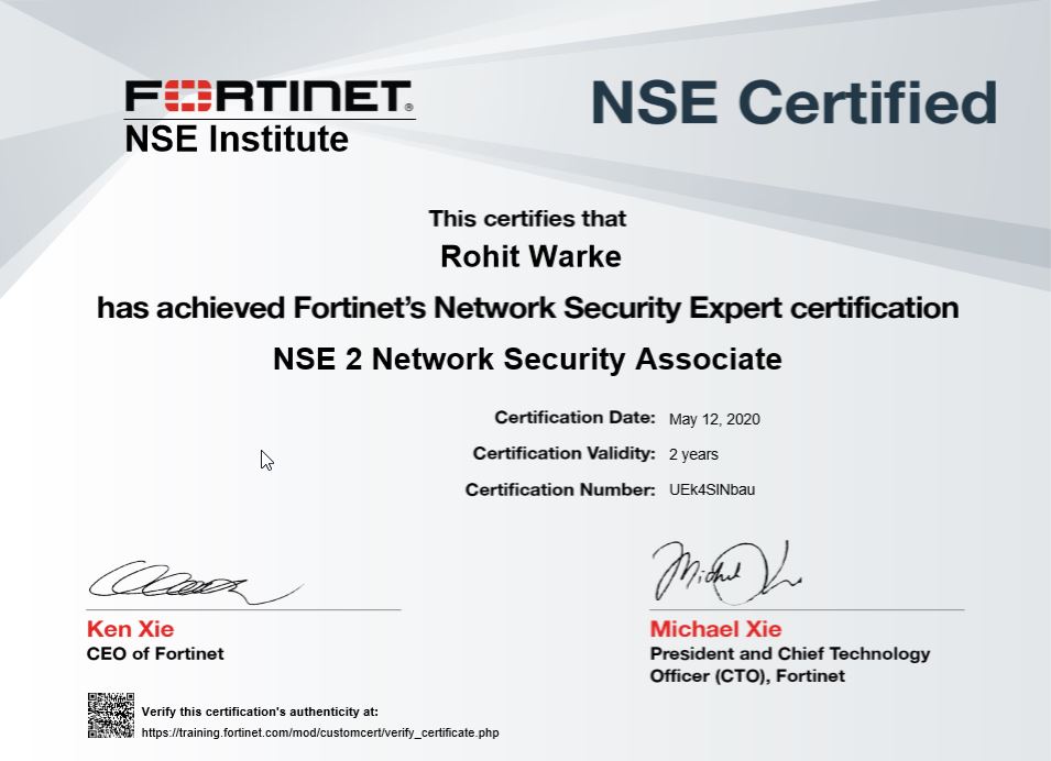 Uploaded image for credential Fortinet's Network Security Expert Certification issued to Rohit Warke on May 12, 2020