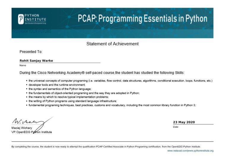 Uploaded image for credential PCAP: Python Essentials in Python issued to Rohit Sanjay Warke on May 23, 2020