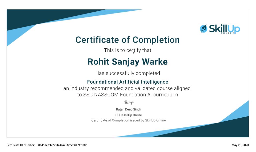 Uploaded image for credential Foundational Artificial Intelligence issued to Rohit Sanjay Warke on May 28, 2020