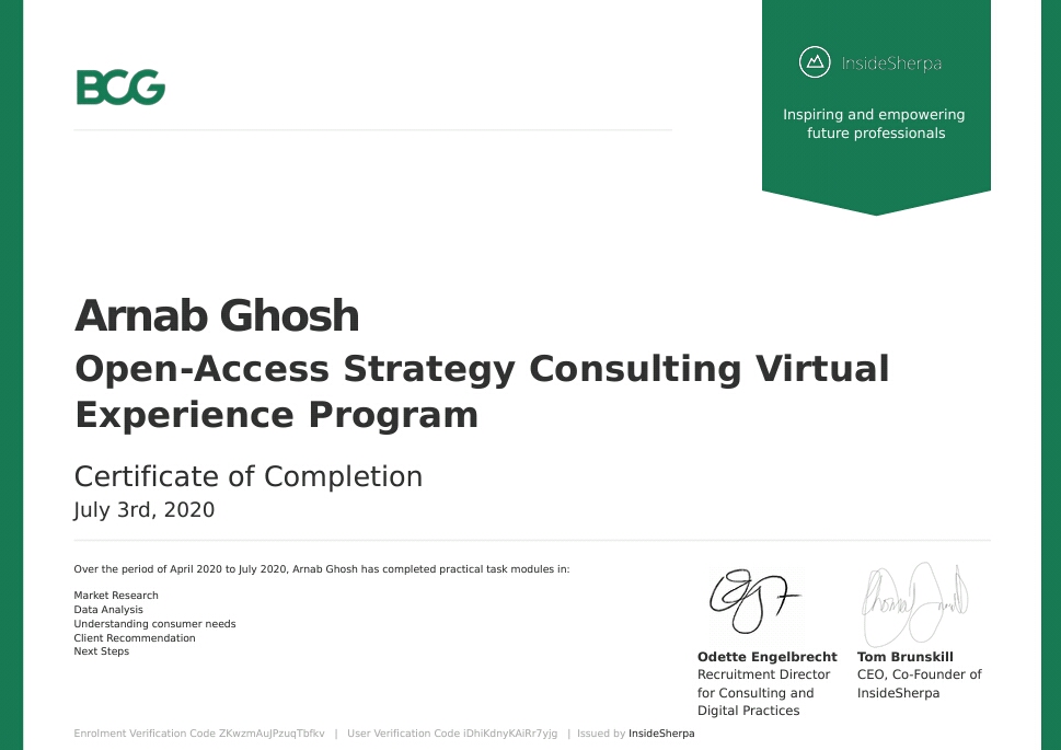 Uploaded image for credential Open-Access Strategy Consulting Virtual Experience Program issued to ARNAB GHOSH on July 3, 2020