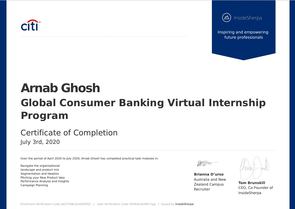 Uploaded image for credential Global Consumer Banking Virtual Internship Program issued to Arnab Ghosh on July 3, 2020