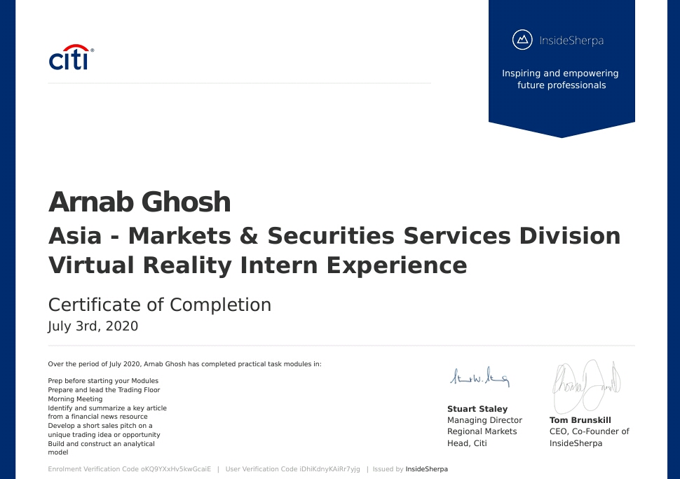Uploaded image for credential Asia - Markets & Securities Services Division Virtual Reality Intern Experience issued to Arnab Ghosh on July 3, 2020