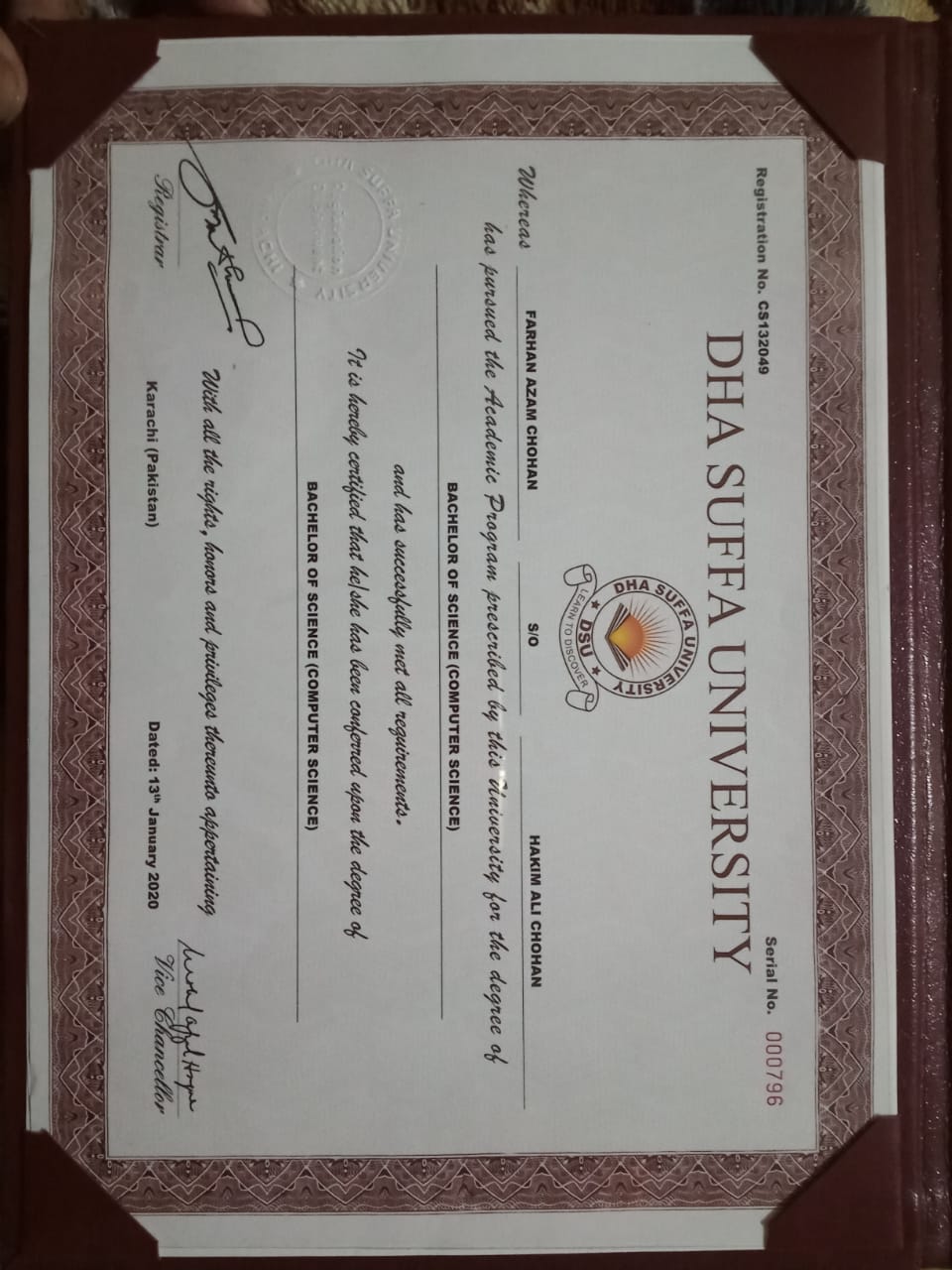 Bachelor of Science in Computer Science • FARHAN AZAM CHOHAN • DHA Suffa University