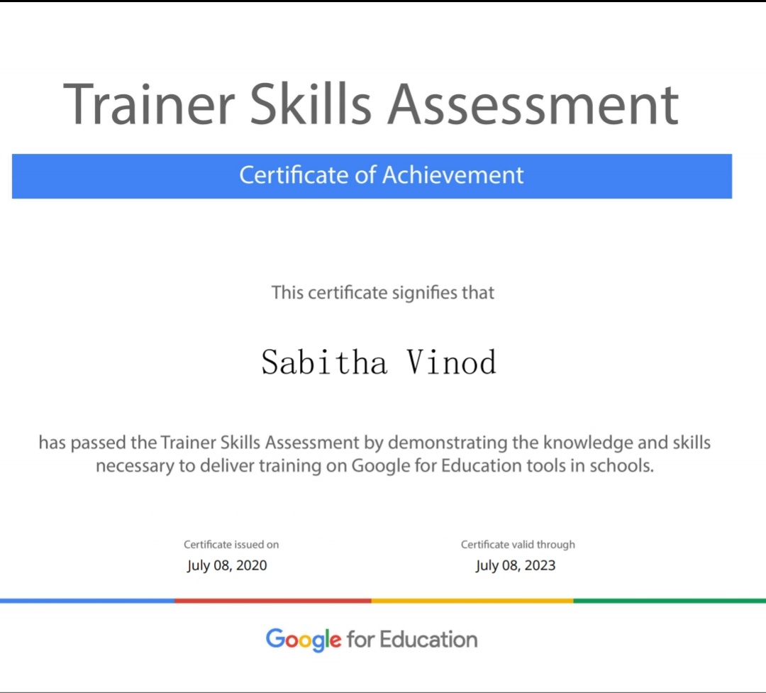 Uploaded image for credential Trainer Skills Assessment issued to Sabitha Vinod on July 8, 2020