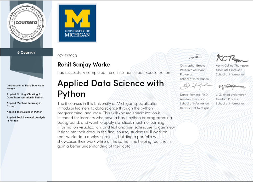 Uploaded image for credential Specialisation in Applied Data Science with Python issued to Rohit Sanjay Warke on July 17, 2020
