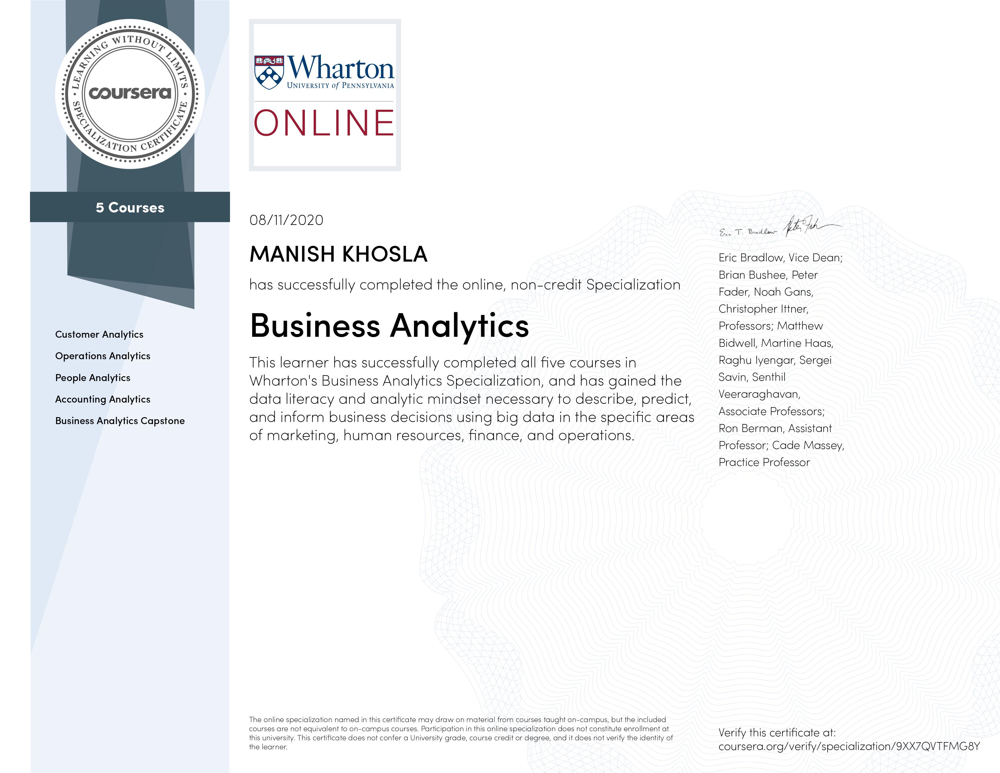 Uploaded image for credential Business Analytics issued to Manish Khosla on August 11, 2020