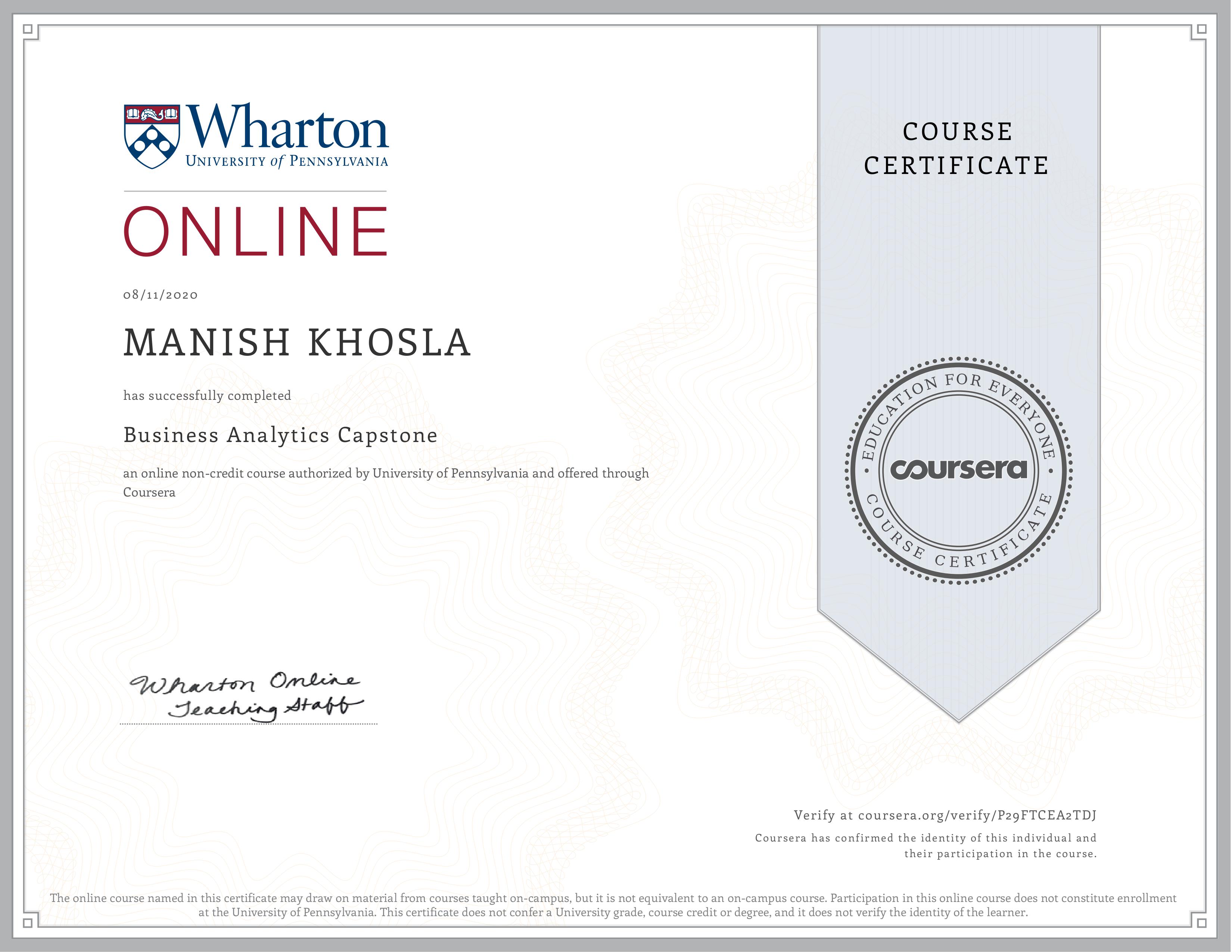 Uploaded image for credential Business Analytics Capstone issued to Manish Khosla on August 8, 2020