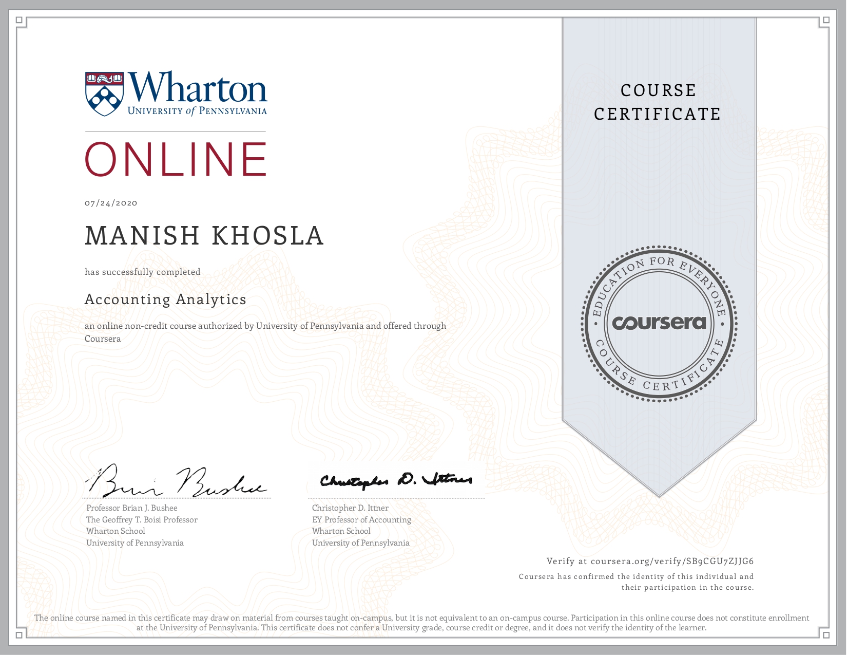 Uploaded image for credential Accounting Analytics issued to Manish Khosla on July 24, 2020