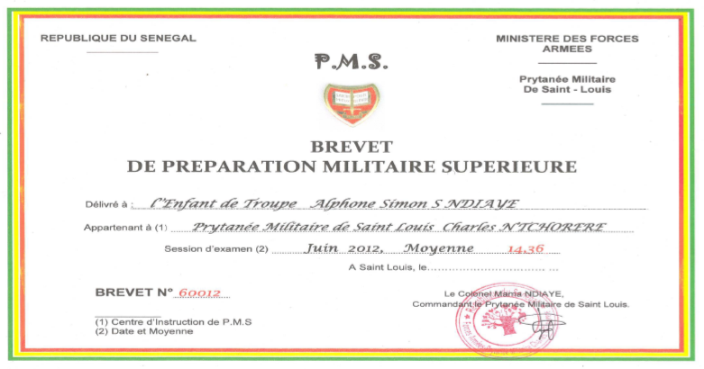 Uploaded image for credential BREVET DE PRÉPARATION MILITAIRE SUPÉRIEURE issued to Alphonse Simon Sombel NDIAYE on June 30, 2012