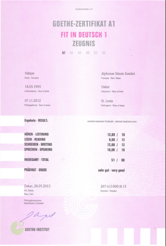 Uploaded image for credential GOETHE - ZERTIFIKAT A1 issued to Alphonse Simon Sombel NDIAYE on May 28, 2013