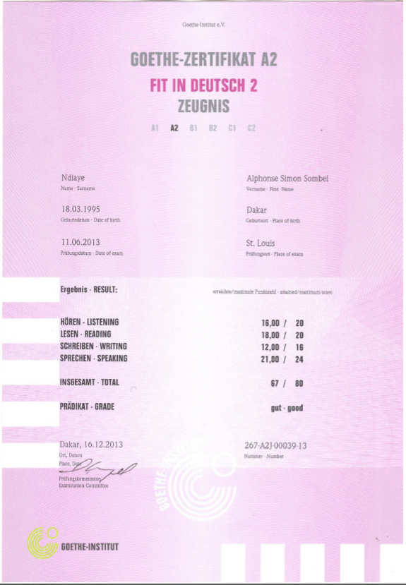 Uploaded image for credential GOETHE - ZERTIFIKAT A2 issued to Alphonse Simon Sombel NDIAYE on December 16, 2013