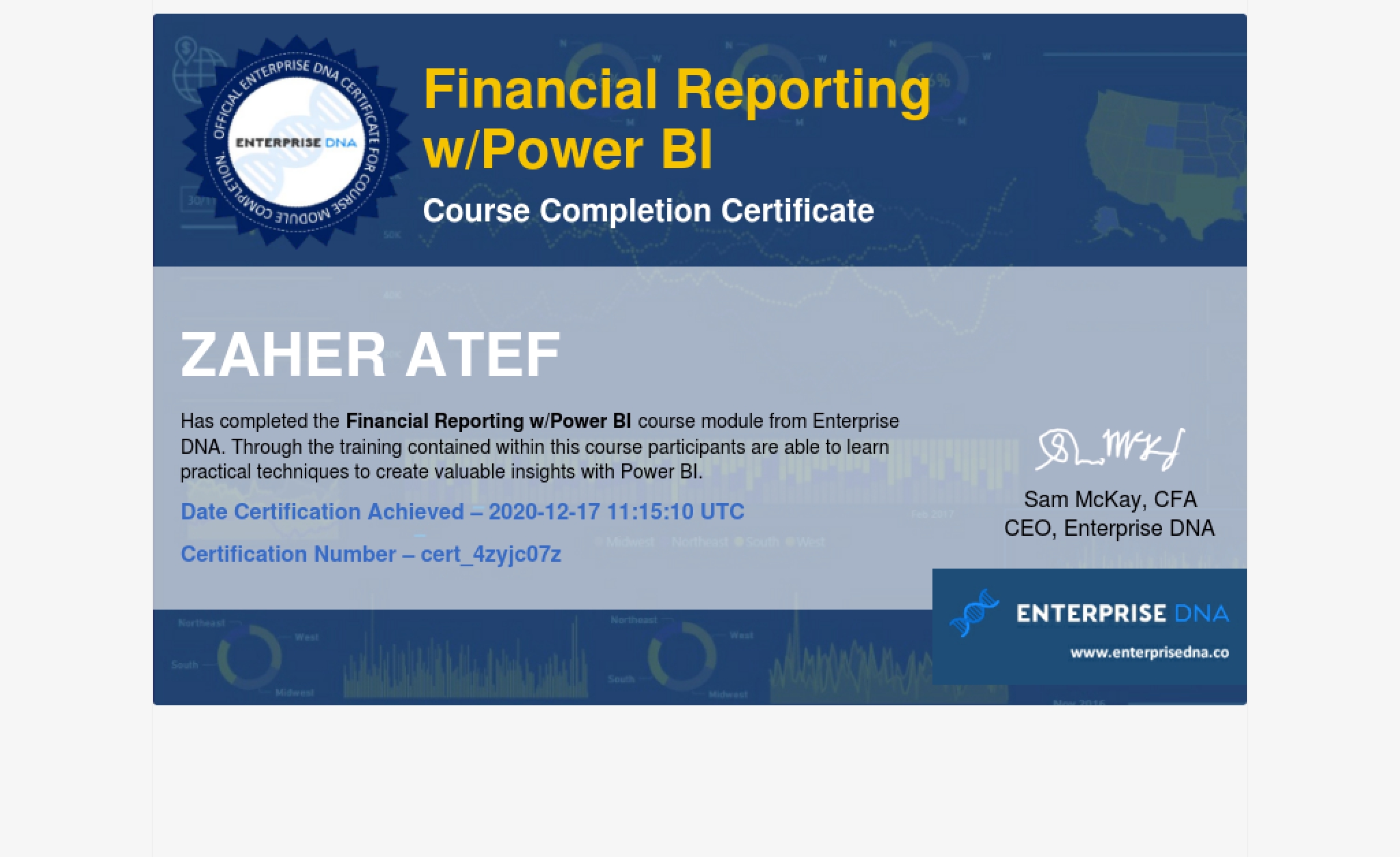 Uploaded image for credential Financial Reporting w/Power BI issued to Zaher Atef on December 17, 2020