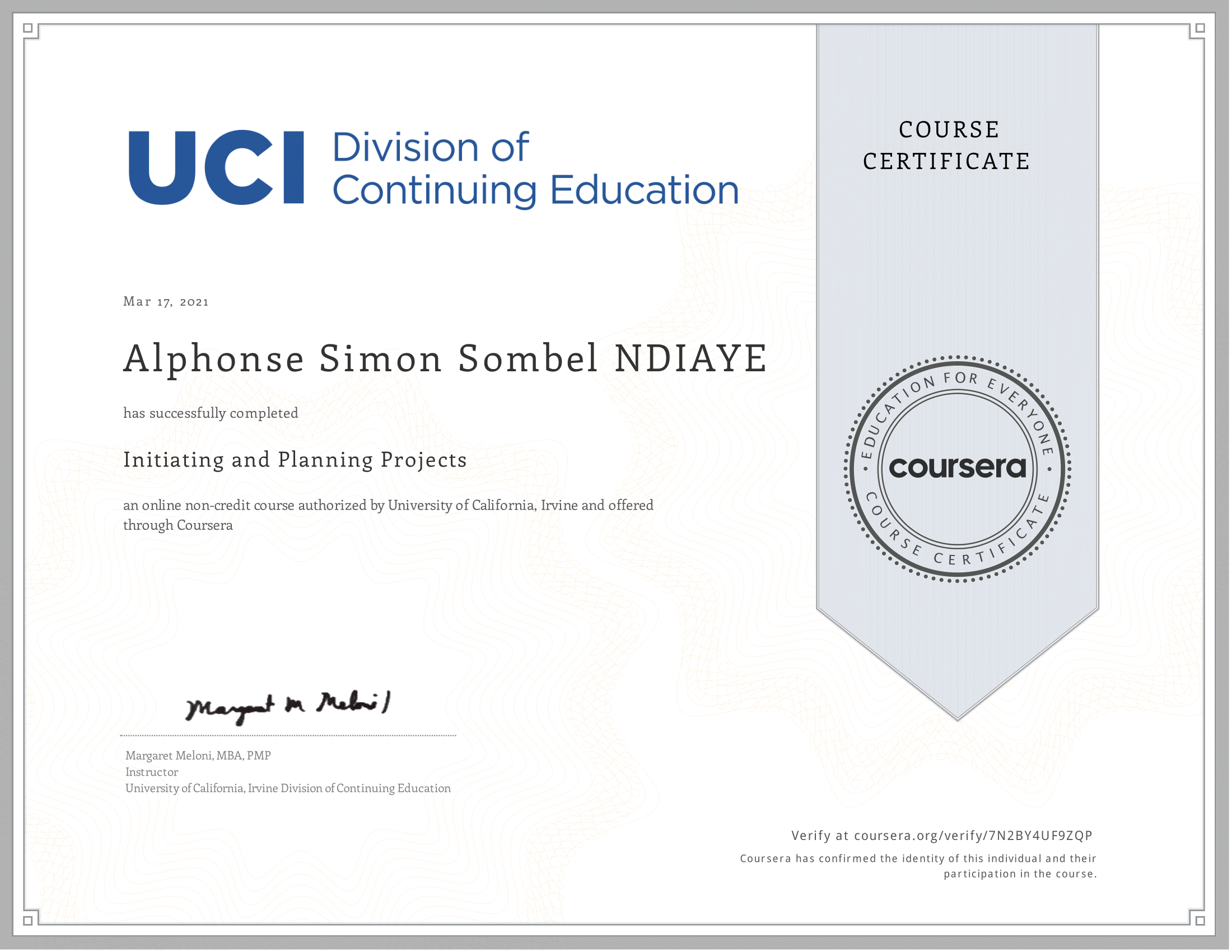 Uploaded image for credential Initiating and Planning Projects issued to Alphonse Simon Sombel NDIAYE on March 17, 2021